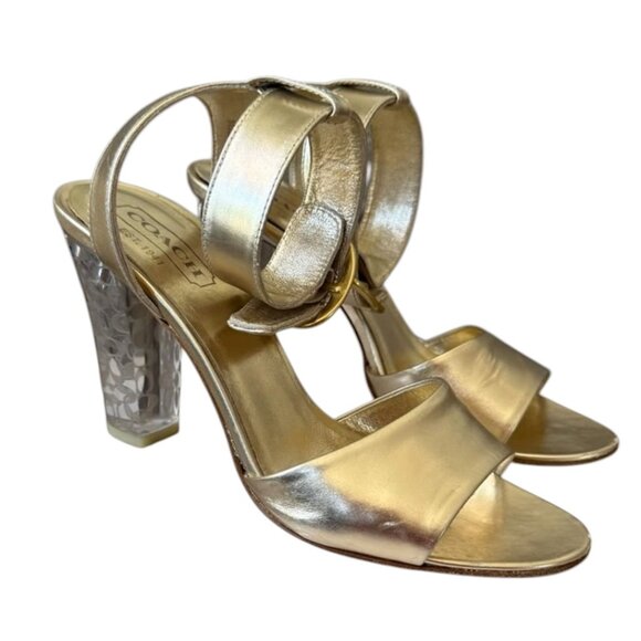 GLAMOUROUS COACH GOLD Ankle Strap Lucite Heel Shoe Brandey Sz 7.5 EUC - Picture 1 of 5